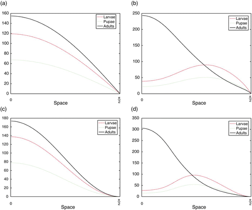 Figure 4. Simulations of the spatial LPA model Equation(11) for various parameter values in the dispersal kernels Equation(9). All attractors shown are temporal equilibria. LPA parameter values given by b=10, c el=0.01, c ea=0.0175, μ L =0.435, c pa=0.016, μ A =0.075. (a) m=1, D LA =D AL =0. (b) m=1, D LA =D AL =0.01. (c) m=2, D LA =D AL =0. (d) m=2, D LA =D AL =0.01.