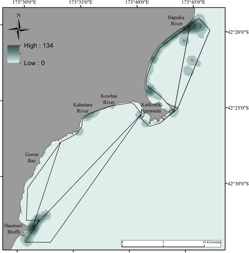 Figure 2 Kernel density plots showing areas of relative use by Hector's dolphins determined using boat-based surveys (black lines).