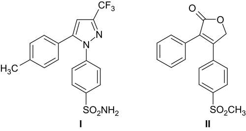 Figure 1.  Structures of celecoxib I and rofecoxib II.