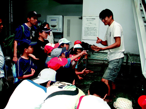 Figure 3.  Public education activity at Akajima Marine Science Laboratory. The economy of Akajima is largely dependent on tourism. If the coral reefs lost their resilience and beauty, the prosperity of the island could not continue. The laboratory has been offering marine studies for students and publishing a bimonthly newsletter describing coral reefs to local stakeholders. Today, all islanders know how important the coral reefs are.