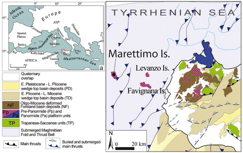 Figure 1. Structural map of western Sicily and its offshore area. (a) Location map showing the Egadi Islands in the context of the central Mediterranean area (modified from CitationCatalano et al., 2013).