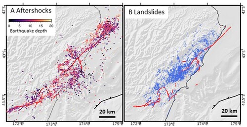 Figure 3. Maps showing aftershocks (A) and landslides (B) associated with the earthquake. Earthquakes are from Chamberlain et al. (Citation2022) and landslides from Massey et al. (Citation2018).