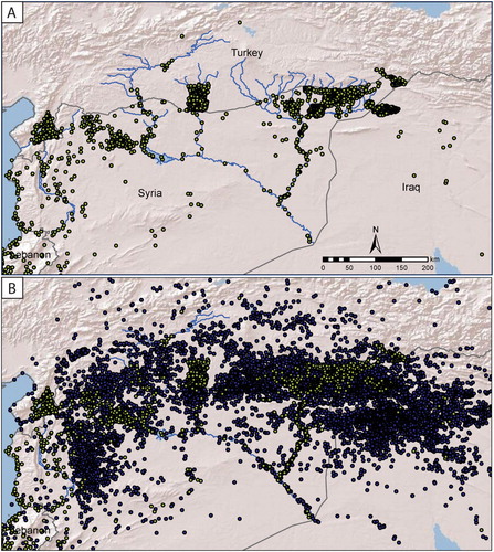 Figure 7. (A) Map of all previously published archaeological sites (c. 4100) in a 300,000 sq km study area of the northern Fertile Crescent. (B) All additional sites (c. 10,000) documented through systematic, expert-led analysis of CORONA satellite imagery (Basemap courtesy ESRI).