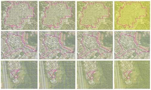 Figure 6. Exemplary AGSN polygons of deprived settlements overlayed with varying grid sizes: from left to right 100m, 50m, 20m, 10m.