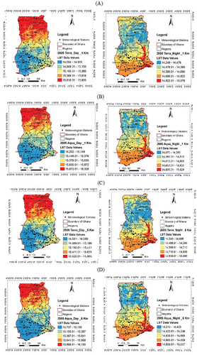 Figure 3. The spatial distribution of LST data values: (A) 2005 terra MODIS day and night in 1 km; (B) 2005 aqua MODIS day and night in 1 km; (C) 2005 terra MODIS day and night in 6 km; (D) 2005 aqua MODIS day and night in 6 km.