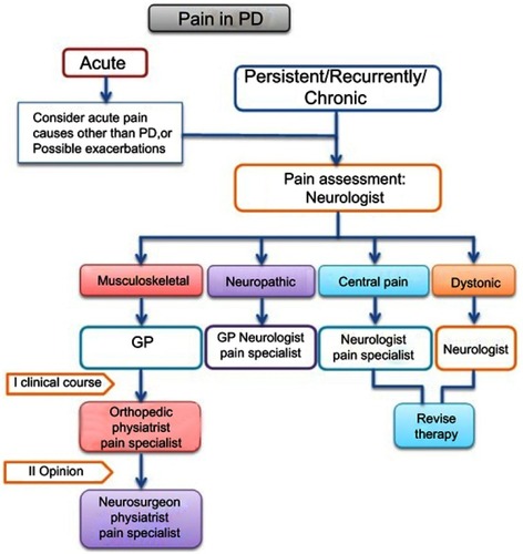 Figure 1 Pain management in Parkinson’s disease. The first pain assessment is generally performed by the GP or by a neurologist, and it allows to distinguish persistent/recurrent chronic pain from acute pain (eg, painful exacerbation of chronic diseases, or acute pain unrelated to PD). Acute pain is addressed according to the underlying pathology (eg, analgesic medications and surgery for cholelithiasis). In case of persistent/recurrent chronic pain, the pain evaluation is performed by a neurologist who identifies the precise pain category (ie, musculoskeletal, neuropathic, central, and dystonic pain). According to pain diagnosis, the patient care may involve different professionals (1st clinical course). Although re-evaluation of PD therapy is helpful against central, or dystonic pain, therapeutic approaches for musculoskeletal, or neuropathic pain may require the expertise of other specialists, such as pain therapists, orthopedics/physiatrists, rheumatologists, or neurosurgeons (2nd opinion).