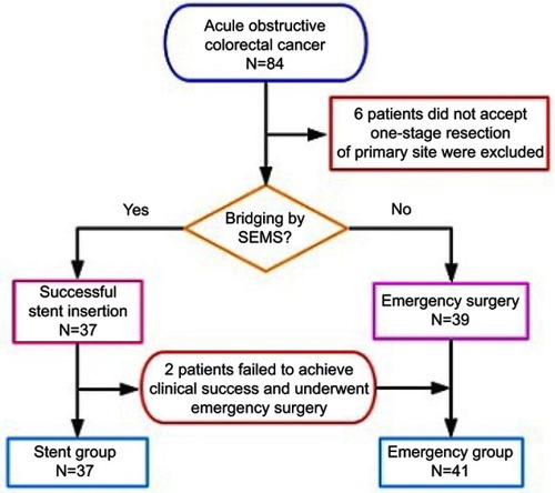 Figure 1 Patient selection flowchart. A total of 78 patients diagnosed with acute obstructive colorectal cancer who underwent elective surgery after stent insertion or emergency surgery from January 2013 to October 2016 were included in this study.Abbreviation: SEMS, self-expanding metallic stent.