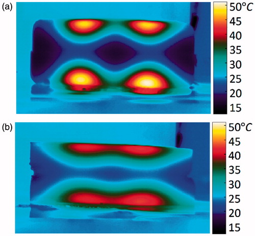 Figure 15. Resulting cross-sectional temperature distributions at t = 1890 s (90 s post-exposure) for (a) control and (b) motion phantoms.