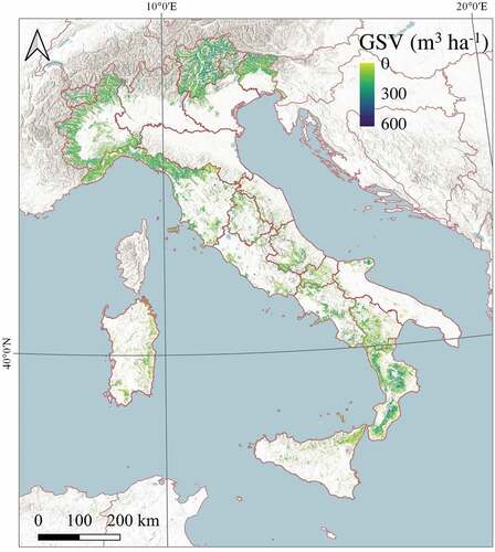 Figure 6. Study area Growing Stock Volume prediction map generated with Approach 1 (w1 =0.5, w2 = 0.5).