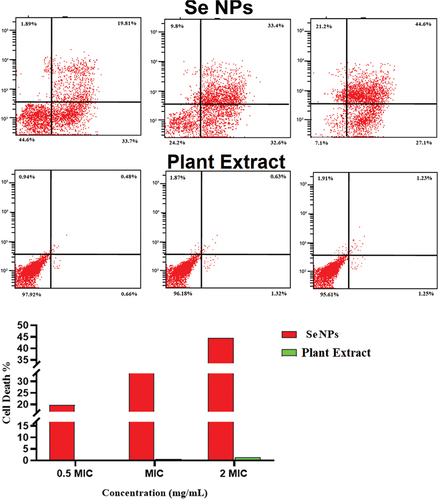 Figure 8. Determination of the live/dead percentage of Staphylococcus aureus after treating with different concentrations of green synthesized SeNPs and Vaccinium arctostaphylos (L.) extract using propidium iodide stain and flow cytometry.