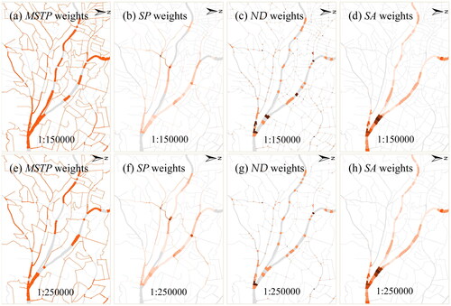 Figure 9. MSTP, SP, ND, and SA weights for the river network superpixels at two different levels.