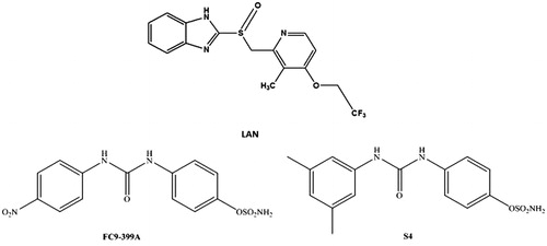 Figure 4. Chemical structure of ureido-sulfamate compounds FC9–399A and S4 and Lansoprazole.