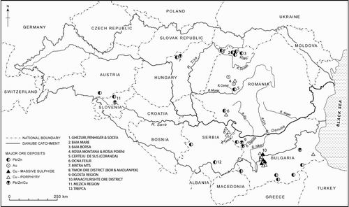 Figure 1 Map of the River Danube drainage basin showing the location of major metal ore deposits