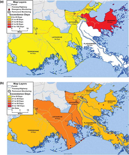 Figure 2. AQI exceedances (a) prior to and (b) during the Gulf oil spill. Data by EPA. AQI exceedances for (b) were determined from short-term particulate matter concentrations per parish.