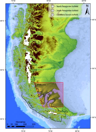 Figure 1. Location of the study area in southernmost Patagonia (topography shown using shaded SRTM and ETOPO data). Also shown are the present day icefields (numbered) and the Last Glacial Maximum (LGM) limit according to Caldenius (Citation1932); adapted from Singer et al. (Citation2004a).