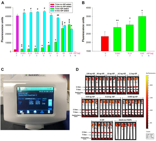 Figure 9 Sensitivity of FNDP-NV-200nm-c13C6-rGP detection using an AX-2X-S OED.Note: (A) Fluorescence intensity of the test line and control line. Error bars represent SD from the number of replicates indicated by the blue number below each mass of rGP mass (pink numbers). Test Line: (*) P<0.001, (**) P=0.004 and (***) P=0.017 was calculated using One-way ANOVA for difference between strips run with FNDP-NV-200nm-c13C6 and with FNDP-NV-200nm-c13C6-rGP. Control Line: (#) P<0.001, (##) P=0.05 was calculated using One-way ANOVA for difference between strips run with FNDP-NV-200nm-c13C6 and with FNDP-NV-200nm-c13C6-GP (F=12.995). (B) Test line signals for the three lowest rGP masses (green bars) and “0 rGP” control (red bar). Pink numbers below bars represent mass of rGP applied on the application zone while blue numbers indicate the number of independent strips used for each rGP mass. (*) P<0.001, (**) P=0.004 was calculated using One-way ANOVA for difference between strips run with FNDP-NV-200nm-c13C6 and with FNDP-NV-200nm-c13C6-rGP. (C) Screen shot of AX-2X-S OED display. (D) IVIS-50 images of test strips.Abbreviations: FNDP-NV-200nm-c13C6, fluorescent nanodiamond particles with NV active centers, 200 nm diameter, coupled to chimeric c13C6 monoclonal antibody; rGP, recombinant glycoprotein; mAb, monoclonal antibody; SD, standard deviation; N, number of strips per sample; ng, nanograms.