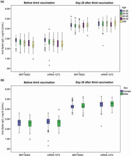 Figure 2. Distribution of anti-Spike IgG titer level at baseline (before 3rd vaccination) and Day 28 after 3rd vaccination by age groups (a) and sex (b). BNT162b2: cohort with homologous BNT162b2 prim and BNT162b2 boost vaccine. mRNA-1273: cohort with heterologous BNT162b2 prime + mRNA-1273 booster.