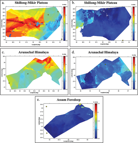 Figure 5. Spatial variation of b-values for the three regions; Shillong–Mikir Plateau, Arunachal Himalaya and Assam-Foredeep. The distributions for b-value for the periods 1900–1999 are shown in the left side panels of the figure (Figures 5a and 5c), whereas the distributions for the periods 2000–2022 are shown in the right-side panels of the figure (Figs. 5b and 5d), respectively, for the Shillong–Mikir Plateau and Arunachal Himalaya regions. The temporal distribution for Assam Foredeep region is evaluated only for the period 1900–2022, with no divisions in time period, because of minimal seismic activities in the region.