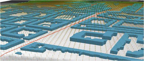 Figure 5. Types of data used for noise modelling, i.e. digital terrain model, 2.5D building models, 2.5D road networks and a 3D lattice of virtual microphones (four levels in Z dimension).