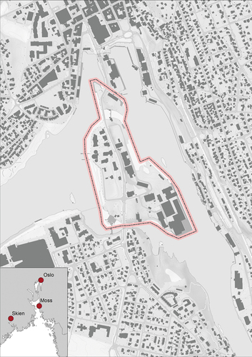 Figure 1. Klosterøya is situated on the southern side and within walking distance of the centre of Skien. Its origins can be traced back to a monastery from the mid-twelfth century, and the first industrial companies from the 1850s were related to hydropower and wood processing. The site is surrounded by a lake, waterfall and river. Skien is located 130 km southwest of Oslo, and after the industries closed down, it has primarily been a commercial and administrative centre, with approximately 54,000 inhabitants. Map: Geovekst/Nils Aage Hafsal, Monica Kristiansen, NIKU.
