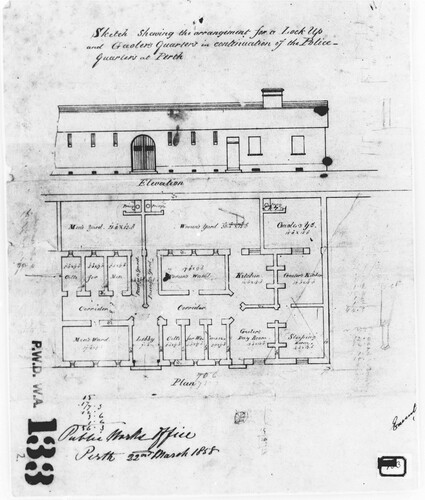 Figure 4. Plan for Waterside Lockup and gaoler's quarters, 22 March 1858, AU WA S399 cons1647 00132, SROWA.