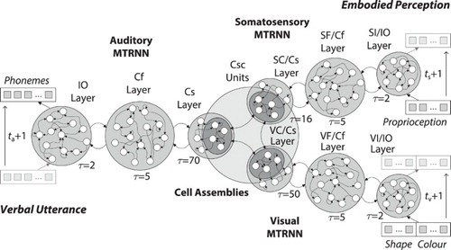 Figure 4. Architecture of the multi-modal MTRNN model, consisting of an MTRNN with context bias for auditory, two MTRNNs with context abstraction for somatosensory as well as visual information processing, and CAs for representing and processing the concepts. A sequence of phonemes (utterance) is produced over time, based on sequences of embodied multi-modal perception.