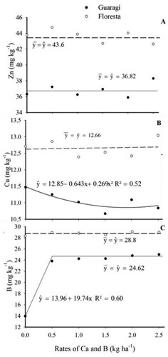 Figure 5. Content of micronutrients, zinc (A), copper (B), and boron (C) in soybean seeds after foliar application of calcium and boron.