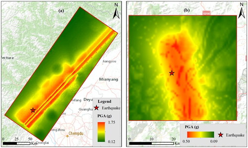 Figure 5. Maps of PGA in (a) Wenchuan and (b) Ludian earthquakes.