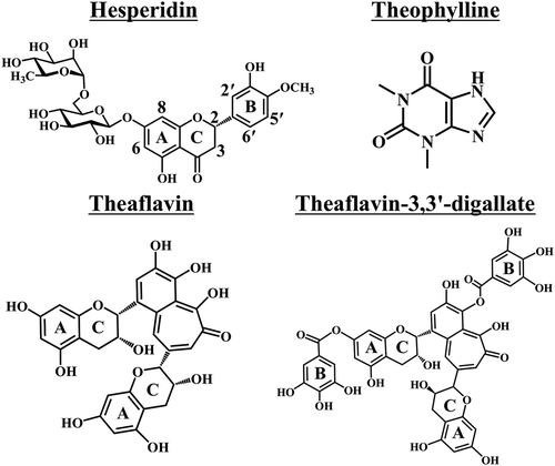 Figure 1 The chemical structures of hesperidin, theophylline, theaflavin, and theaflavin-3-3ʹ-digallate.