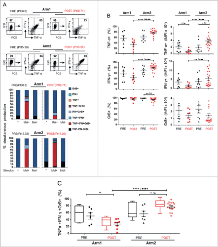 Figure 1. Melan-A-specific CD8+ T cells exhibit an enhanced polyfunctional profile after chemoimmunotherapy. (A) Representative dot plot gating strategy of multicolor intracellular staining for TNF-α (TNF), IFNγ (IFN), and Granzyme-B (GrB) in Melan-A-specific CD8+ T cells stimulated with HLA-A2+ Melan-A-expressing (Mel+) melanoma cell line (top panel). The multicolor histograms in the bottom panel show the quantification of all possible combinations of molecule co-expression, evaluated in the absence of stimulus (−) or after 4 h stimulation with A2+/Melan-A+ (Mel+) or A2+/Melan-A− (Mel-) melanoma cell lines. (B–C) Pooled results from all T-cell clones evaluated (n = 14 from two patients of Arm1, n = 27 from three patients of Arm2), isolated before (PRE) and after therapy (POST), analyzed as percentage of positive cells (%, left) and integrated MFI (iMFI, right) (see Material and Methods for details). Data are displayed singularly (B) and simultaneously (C). Each dot represents the mean value from two to four independent experiments performed with a single T-cell clone. The mean ± SEM of each indicated sample group is shown. Polyfunctionality profile (TNF-α+IFNγ+GrB+) is also shown as box-and-whisker diagram, with 5–95 percentile. */♦p ≤ 0.05, **/♦♦p ≤ 0.01, ***/♦♦♦p ≤ 0.001, ****/♦♦♦♦p ≤ 0.0001, Mann–Whitney two-sample test (*) and two-tail Student’s test (♦), respectively.