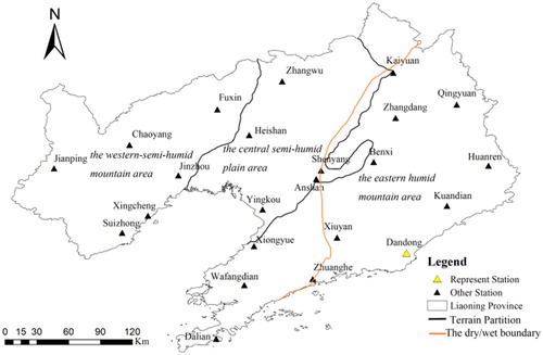 Figure 2. Topographic and moisture zoning map of Liaoning Province.