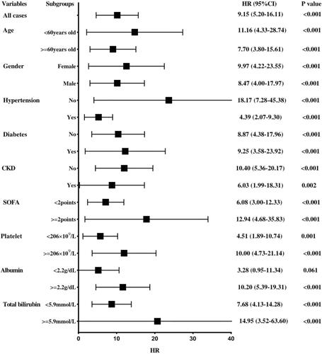 Figure 5 Hazard ratios (HRs) of prognostic marker GLR for overall survival in different patient subgroups in the training cohort.