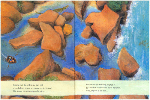 Figure 1. Pages 11 and 12 from Ga je mee? [Let’s go?] (Dematons, Citation2005) (illustrations by author, Charlotte Dematons). Translation of text on page 11 (left side): ‘[…] and would you please help me find the way to the sea? From here it is not easy to see’. Translation of text on page 12 (right side): ‘I cannot see it properly from here. The rocks are too high, do you understand? You are more able to see it, from above. No, it is not very far’.