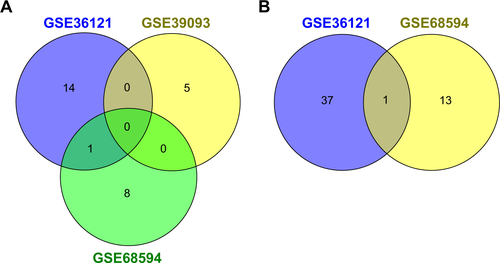 Figure S1 Venn diagram of DEMs (A: Ta–T1 vs T2–T4; B: G3 vs G1) in different datasets.