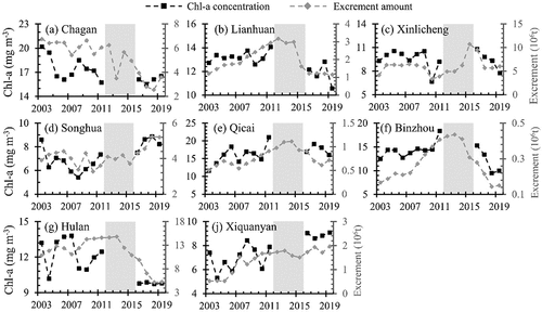Figure 7. The interannual changes in annual mean Chl-a (black dot lines) and livestock excrement amount (grey dot lines) for individual lakes where statistically significant (p<0.05) correlations were found between them. The shaded gray area represents the observational gap between MERIS and OLCI.