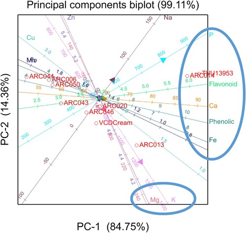 Figure 2. Biplot analysis for principal component 1 on the x-axis plotted against principal component 2 on the y-axis for the top 10 cowpea genotypes selected based on iron (Zn) mean values. See the names of the genotypes in Table 1.
