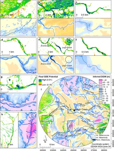 Figure 10. Final combined GDEP mapping results overlaid with inferred DGW surface for pseudo validation. Subset areas a–h showing larger-scale areas as indicated in the main map (i). Note, inferred DGW areas with negative depths (<0 m, pink through purple areas) were interpolated to have a DGW higher than the ground level. This was largely due to the absence of bore data in these lower lying areas. However, they are likely to be areas of consistently shallow DGW, as indicated by their shallow DGW surrounds.