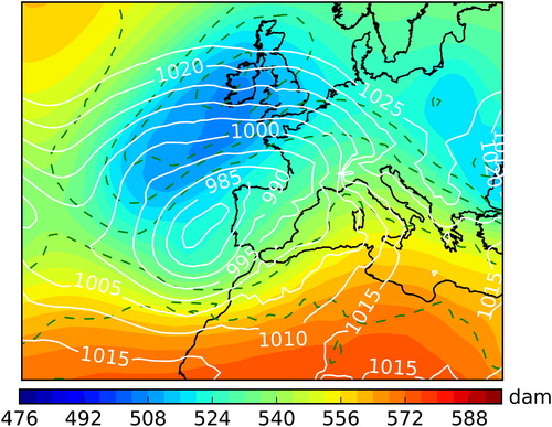 Fig. 7. European Centre for Medium-Range Weather Forecasts (ECMWF) analysis at 00:00 UTC on 1 March 2018: temperature (dashed lines) and geopotential heights (colors) at 500 hPa with mean seal level pressure (solid lines).