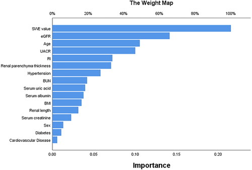 Figure 3. The relative importance of each predictor variable in the multilayer perceptron model. The longer the bar is represented by the variable, the greater the relative contribution of the variable to the model. SWE: shear wave elastography; eGFR: estimated glomerular filtration rate; UACR: urinary albumin creatinine ratio; RI: resistive index; BUN: blood urea nitrogen; BMI: body mass index.