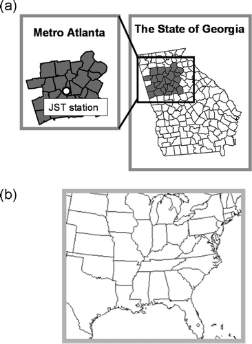 FIG. 1 (a) Location of the Jefferson Street (JST) monitoring station in Atlanta, Georgia. (b) Air quality model (CMAQ) domain.