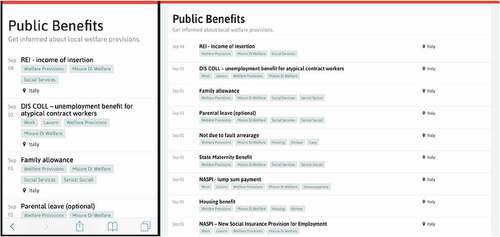 Figure 2. Mobile (left) and desktop (right) web browser view of public benefits on commonfare.net.