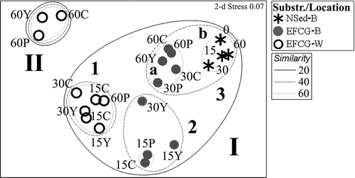 Figure 3. NMDS of the syllid assemblage found in the natural sediment and fouling in the fire-clay modules, located in two media (water/bottom), at different times and organic matter load. Bray–Curtis similarity coefficient (average linkage) applied to the averaged replicates after square-root transformation. Overlaid clusters are indicated by bold number and letters. See Figure 2 for abbreviations.