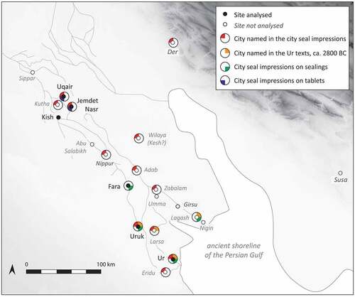 Figure 1. Map of Lower Mesopotamia with ancient river courses, showing cities featured in the city seal evidence (after Benati [Citation2015, Figure 6], with authors’ additions).