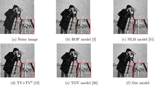 Figure 3. The obtained denoised image compared to other classical approaches for the (Cameraman image), where the noise is considered to be Gaussian of σ=0.5: (a) Noisy image, (b) ROF model [Citation3], (c) NLM model [Citation51], (d) TV+TV2 [Citation19], (e) TGV model [Citation36] and (f) our model.
