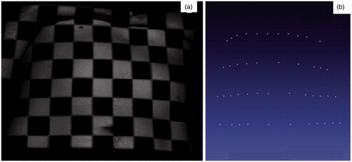 Figure 4. (a) Chessboard pattern projected on the abdomen to find the corners on the left and right images with sub-pixel accuracy using two monocular calibrated cameras and the Tsai algorithm. (b) Reconstructed corners of the chessboard for the Claron Hx 40 stereo camera.