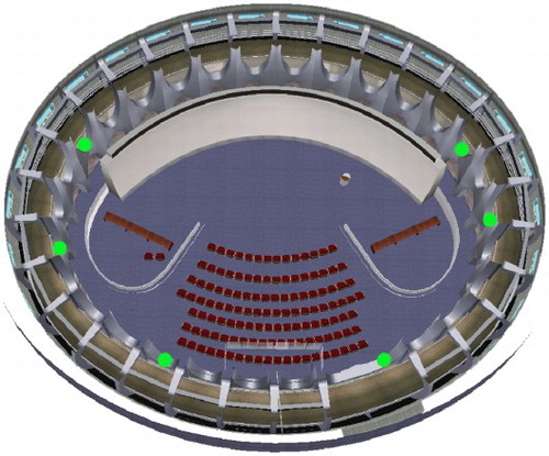 Figure 2. Camera positions in the Virtual Reality Hall. The green points are the surveillance cameras. Each camera is installed at the junction of two pillars and captures videos from an oblique view.
