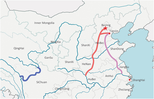 Figure 1. The three routes of the South-to-North Water Transfer Project, with the blue line representing the western route of the South-to-North Water Transfer Project, the red line representing the middle route of the South-to-North Water Transfer Project and the pink line representing the eastern routeof the South-to-North Water Transfer Project.