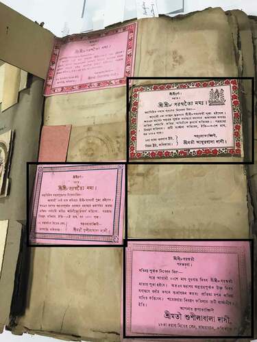 Image 3. See highlighted section. Saraswati puja invitations from Angurbala, Sushilabala and Kironbala in Indubala’s Scrapbook. Courtesy of Parimal Ray Collection at the JBMRC archives, Kolkata. Photo: Prarthana Purkayastha