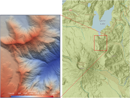 Figure 10. Experimental topographic TIN grid rendered in elevation (left). it is located in the region of Mount Saint Helens, near Spirit Lake, Washington, US (right).