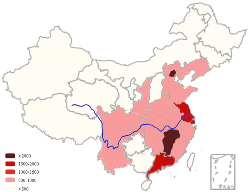 Figure 1. Geographic heat map of Sina Weibo flood-related posts.